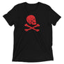 Charcoal Black short sleeve t-shirt with Henry Every pirate flag which depicts a red skull in profile wearing a kerchief and an earring, above a saltire of two red crossed bone