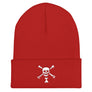 Red beanie cap depicting white pirate flag of Emanuel Wynn, famous French pirate, which is a variant of crossbones motif with an addition of an hourglass which represented that pirate prey's time is up.