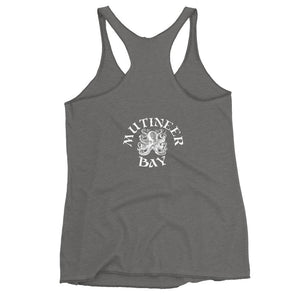 Grey racerback tank top with image of centered rum bottle with green palm trees surround on top by "No, Rum" and at bottom "No, Fun" in white IM Fell font.