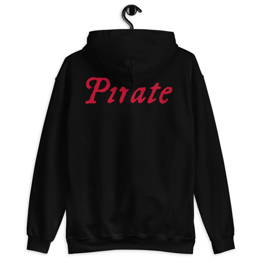 Black unisex Hoodie with word "Pirate" written horizontally in IM Fell font on the front and back of the hoodie. Lettering is in Red.