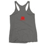 Grey racerback tank top depicting red pirate flag of Emanuel Wynn, famous French pirate, which is a variant of crossbones motif with an addition of an hourglass which represented that pirate prey's time is up. Edit