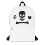 White minimalist backpack depicting the black pirate flag of Stede Bonnet "The Gentleman Pirate" represented as a white skull above a horizontal long bone between a heart and a dagger.