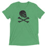 Green unisex short sleeve t-shirt with Henry Every pirate flag which depicts a black skull in profile wearing a kerchief and an earring, above a saltire of two black crossed bones