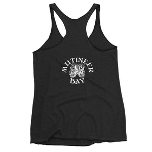 Black racerback tank top depicting the pirate flag of Stede Bonnet "The Gentleman Pirate" represented as a white skull above a horizontal long bone between a heart and a dagger, all on a black field.