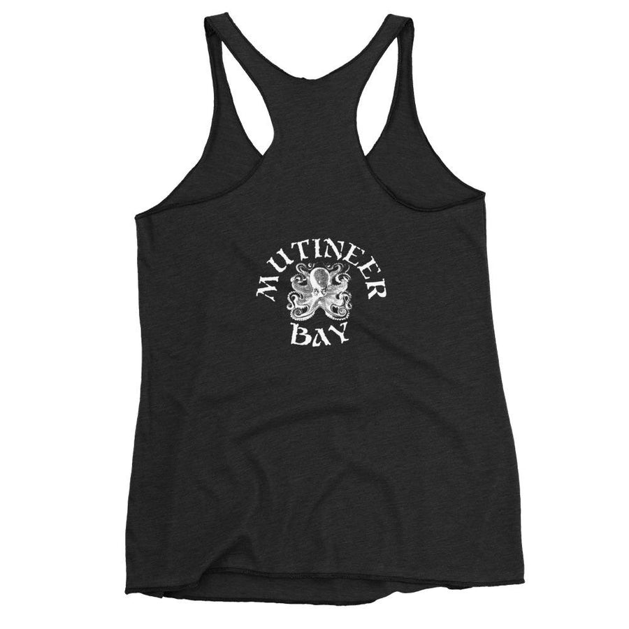 Black racerback tank top depicting the pirate flag of Stede Bonnet "The Gentleman Pirate" represented as a white skull above a horizontal long bone between a heart and a dagger, all on a black field.