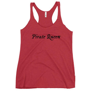 Red racerback tank top with "Pirate Queen" written on one horizontal row in white IM Fell font.