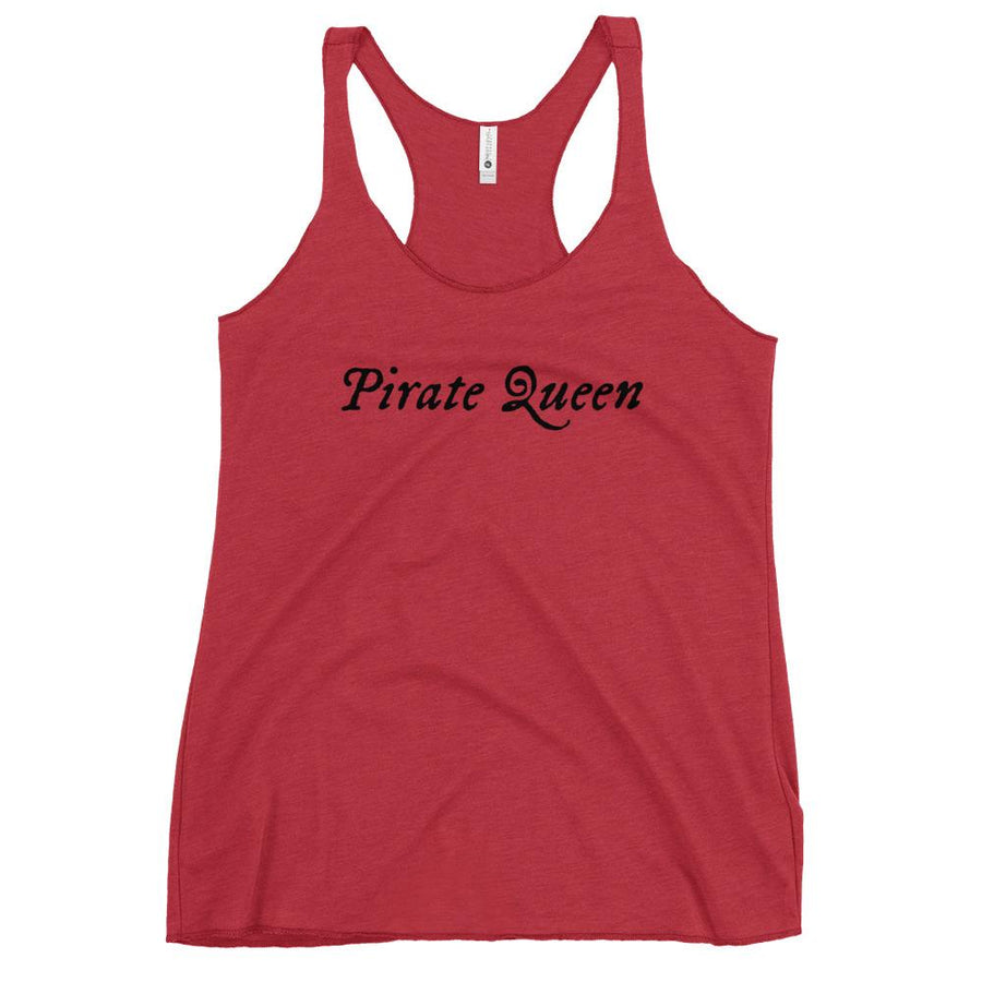 Red racerback tank top with "Pirate Queen" written on one horizontal row in white IM Fell font.