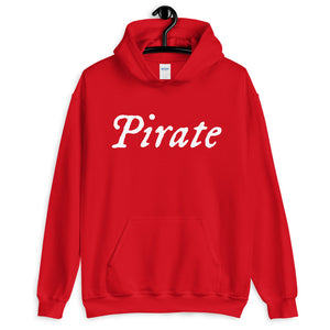 Red unisex Hoodie with word "Pirate" written horizontally in IM Fell font on the front and back of the hoodie. Lettering is in white.