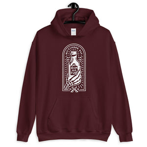 Maroon unisex hoodie with image of skeleton hands holding up a rum bottle with the "No Rum, No Fun" written in the middle. In small semi circle above the bottle, "Mutineer Bay" is written. All images and lettering is in White.