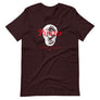 Black short sleeve t-shirt with "Pirates Honor Loyalty" written horizontally transposed over skull outline. Lettering is in red and skull is in white.