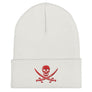 White beanie hat with Jack Rackham pirate flag represented as a red skull above two red crossed swords, which contributed to the popularization of pirates worldwide