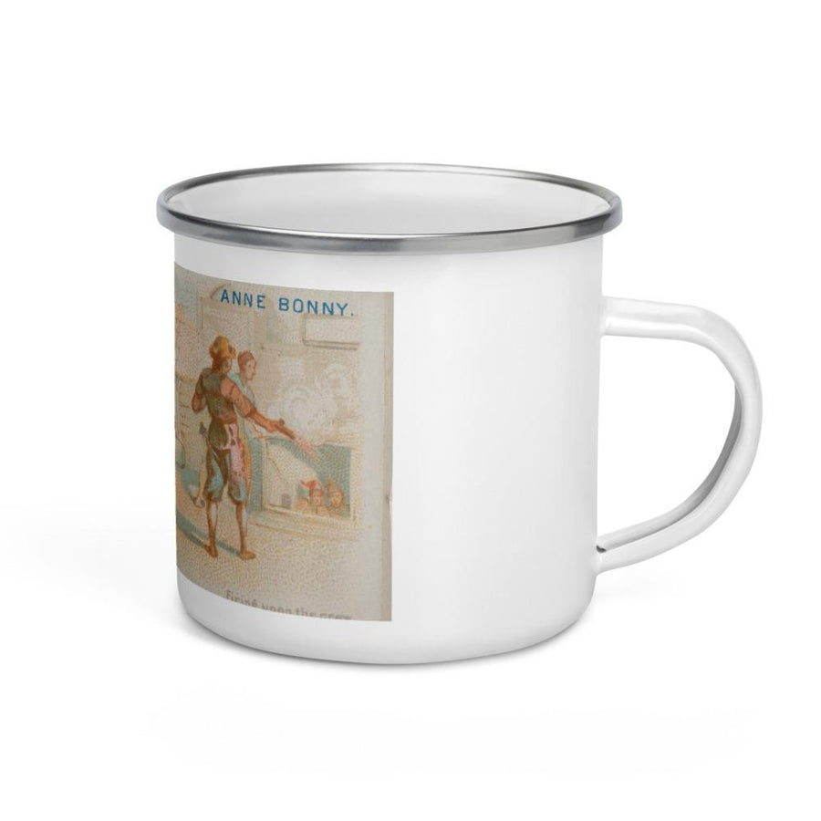 White enamel coffee mug with image of the famous female pirate, Anne Bonny. Anne Bonny, Firing Upon the Crew, from the Pirates of the Spanish Main series (N19) for Allen & Ginter Cigarettes