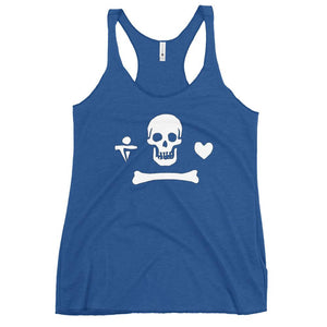 Royal Blue racerback tank top depicting the pirate flag of Stede Bonnet "The Gentleman Pirate" represented as a white skull above a horizontal long bone between a heart and a dagger.