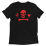 Black unisex short sleeve t-shirt depicting the pirate flag of Stede Bonnet "The Gentleman Pirate" represented as a red skull above a red horizontal long bone between red a heart and a red dagger.
