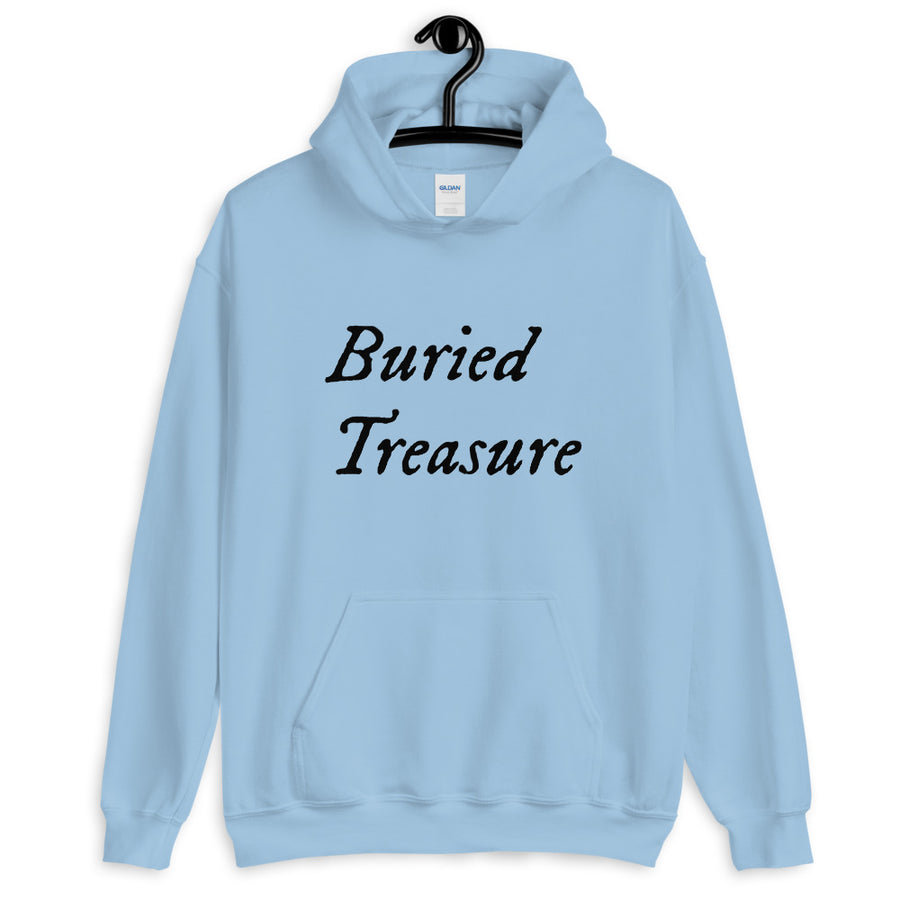 Powder Blue unisex Hoodie with wording "Buried Treasure" written on two horizontal rows in IM Fell font on the front. Lettering is in Black.